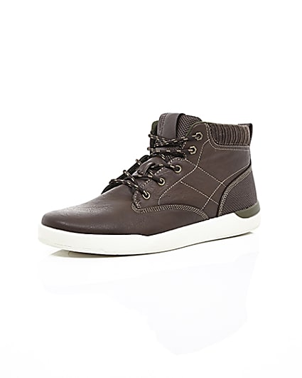 360 degree animation of product Dark brown high top lace-up trainers frame-0