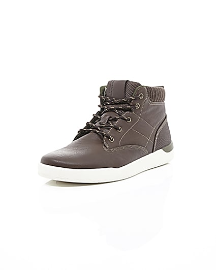 360 degree animation of product Dark brown high top lace-up trainers frame-1