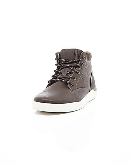 360 degree animation of product Dark brown high top lace-up trainers frame-2