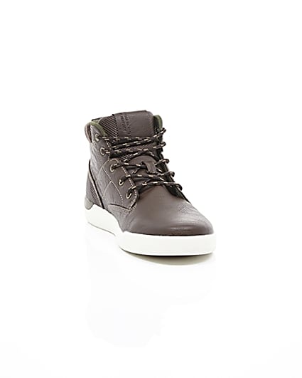 360 degree animation of product Dark brown high top lace-up trainers frame-5