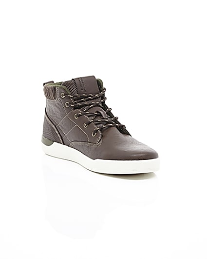 360 degree animation of product Dark brown high top lace-up trainers frame-6