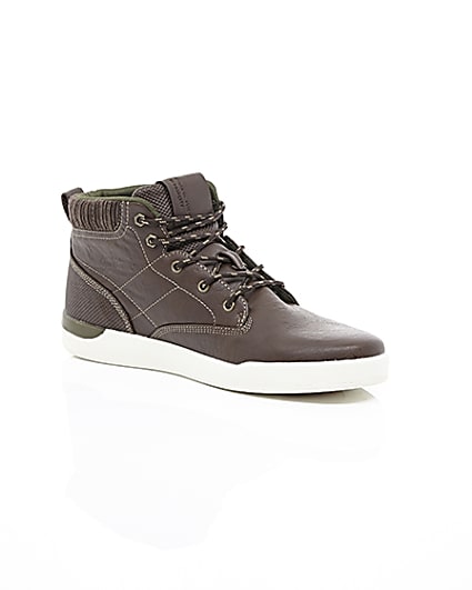 360 degree animation of product Dark brown high top lace-up trainers frame-7