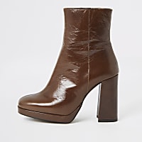 Dark brown leather block heel sock boot