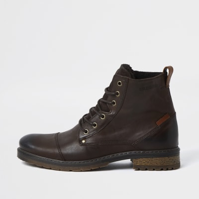 Dark brown leather distressed lace up boots | River Island