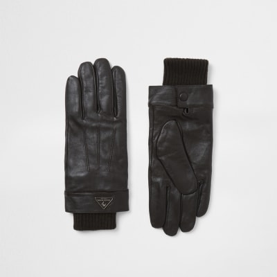 Dark brown leather gloves River Island