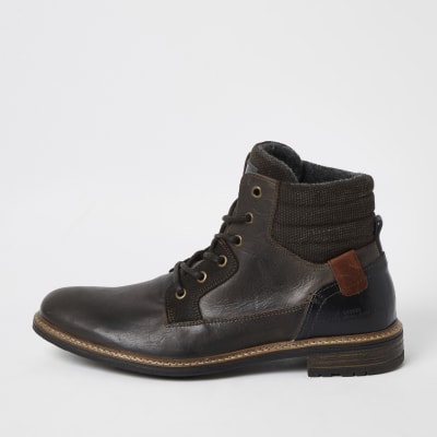 Dark brown leather lace-up ankle boots | River Island