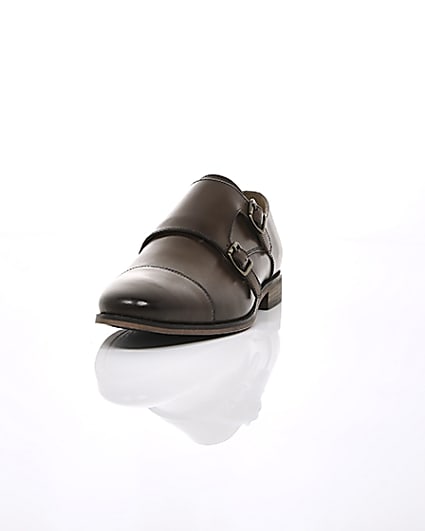 360 degree animation of product Dark brown leather monk strap derby shoes frame-2