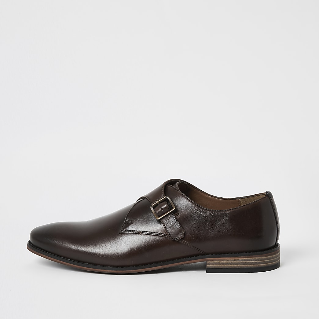 Dark brown leather monk strap shoes | River Island