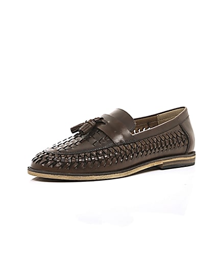 360 degree animation of product Dark brown leather woven tassel loafers frame-0