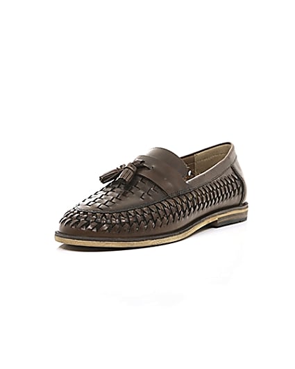 360 degree animation of product Dark brown leather woven tassel loafers frame-1