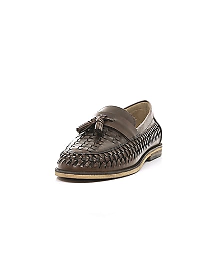 360 degree animation of product Dark brown leather woven tassel loafers frame-2
