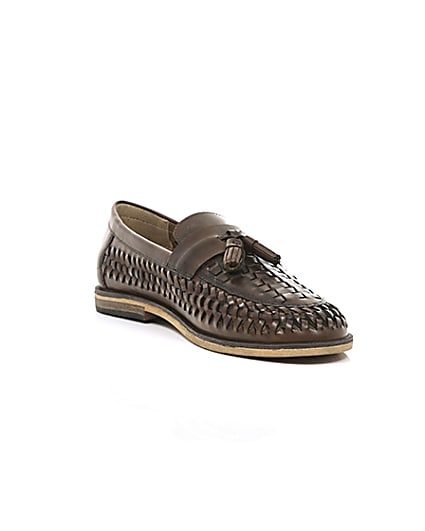 360 degree animation of product Dark brown leather woven tassel loafers frame-6