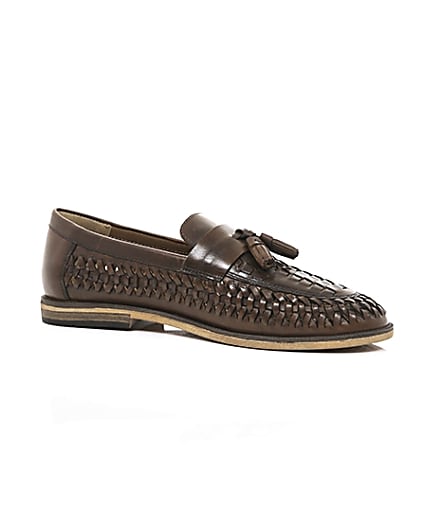360 degree animation of product Dark brown leather woven tassel loafers frame-8