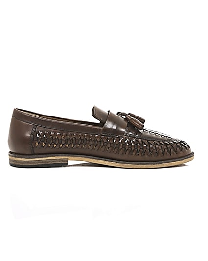 360 degree animation of product Dark brown leather woven tassel loafers frame-10