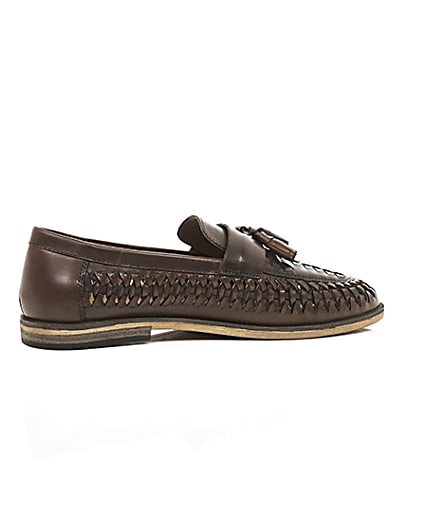 360 degree animation of product Dark brown leather woven tassel loafers frame-11