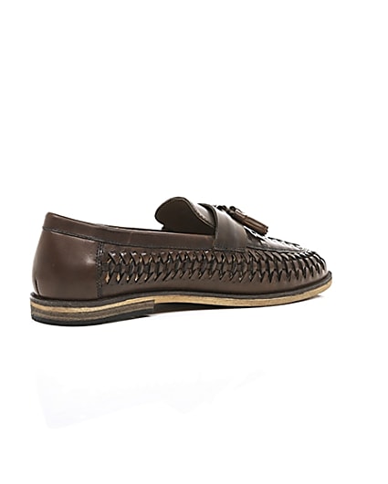 360 degree animation of product Dark brown leather woven tassel loafers frame-12