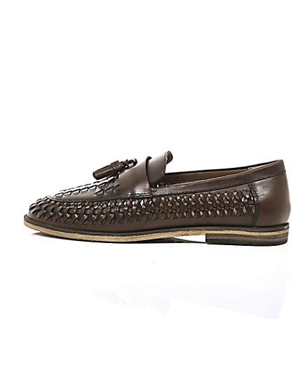360 degree animation of product Dark brown leather woven tassel loafers frame-21
