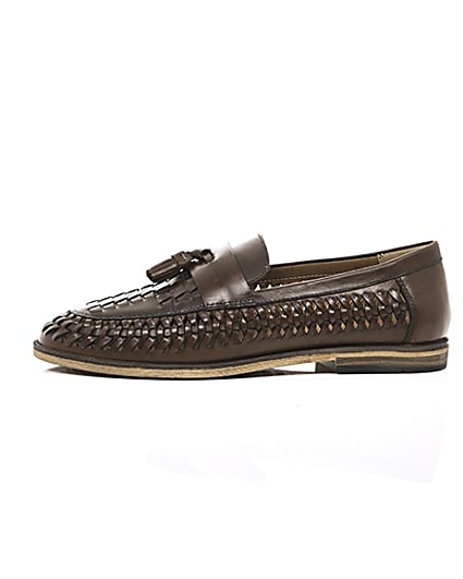 360 degree animation of product Dark brown leather woven tassel loafers frame-22