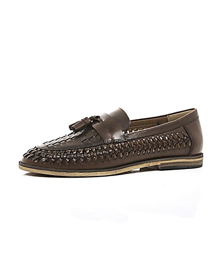 360 degree animation of product Dark brown leather woven tassel loafers frame-23