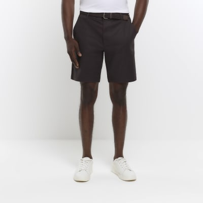 Dark brown slim fit belted chino short River Island