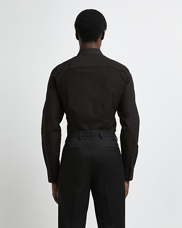 Dark brown slim fit check cutaway shirt