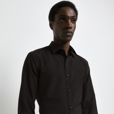 Dark brown slim fit check cutaway shirt