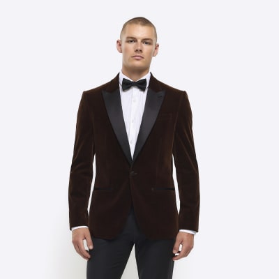 Dark brown slim fit velvet tuxedo jacket | River Island