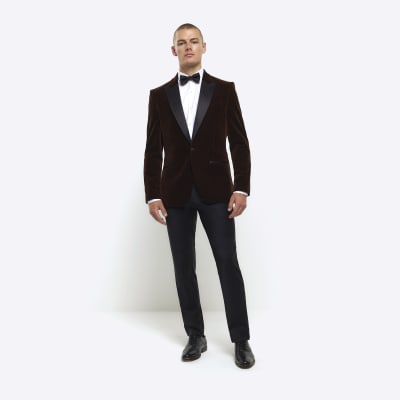 Dark brown slim fit velvet tuxedo jacket | River Island