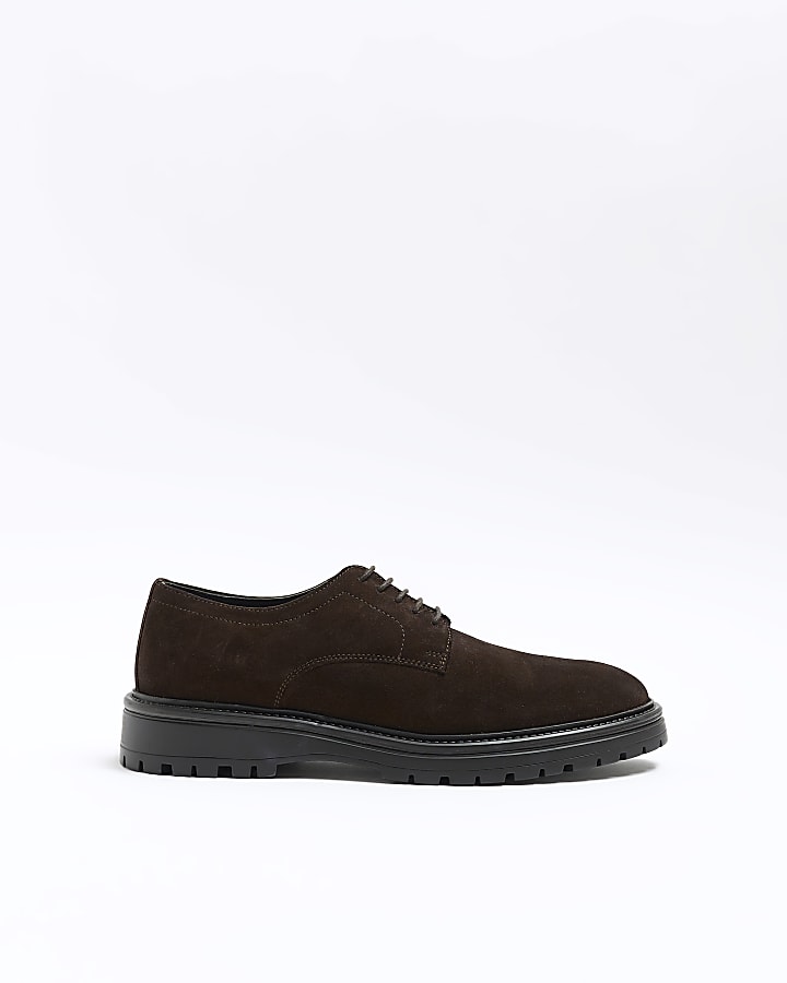 Dark brown suede chunky derby shoes | River Island