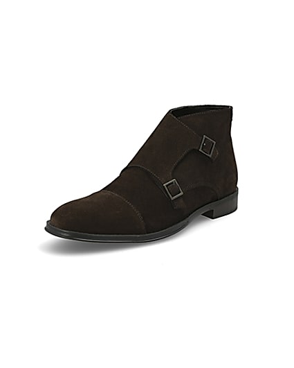 360 degree animation of product Dark brown suede monk strap boot frame-0