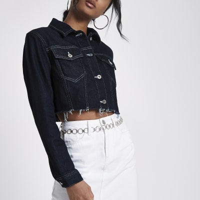 Dark denim raw hem cropped jacket