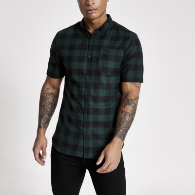 Dark green check regular fit shirt | River Island