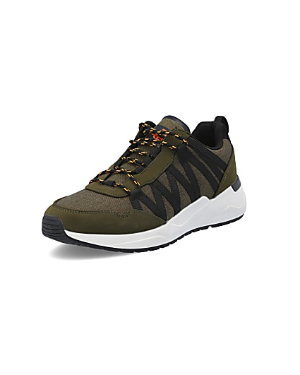 360 degree animation of product Dark green lace-up runner trainers frame-0