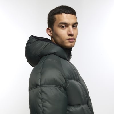 Dark green regular fit hooded puffer jacket River Island