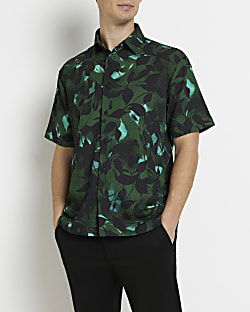 Dark green Regular fit leaf print shirt