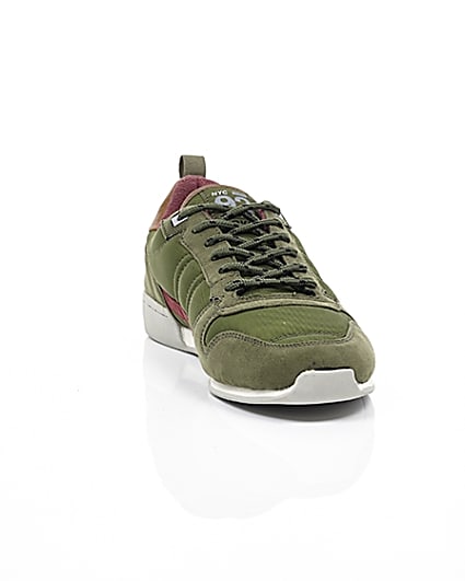360 degree animation of product Dark green retro runner trainers frame-5