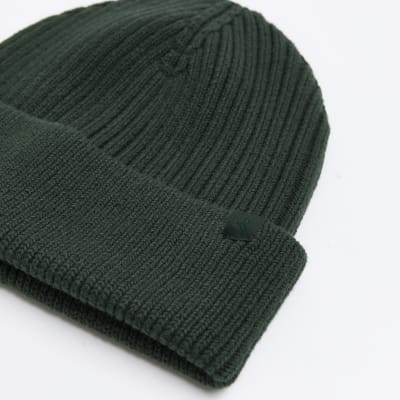 Dark green rib beanie River Island