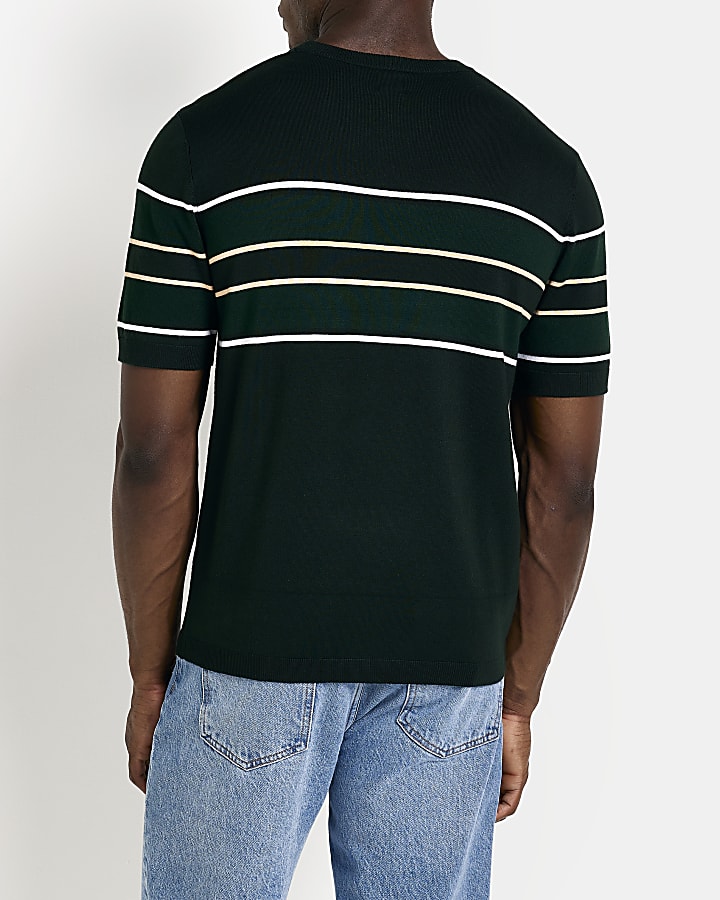 Dark Green Slim fit stripe knitted t-shirt