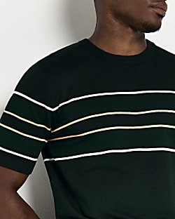 Dark Green Slim fit stripe knitted t-shirt