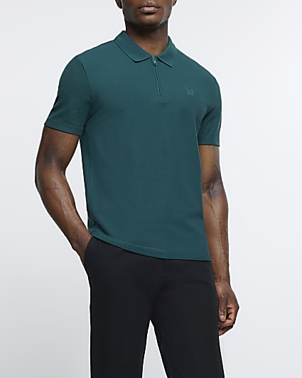 Dark Green slim fit textured polo shirt