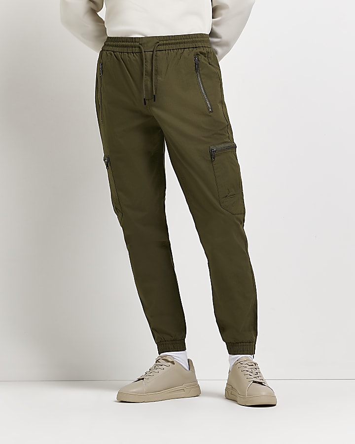 Dark green slim fit zip pocket cargo trousers