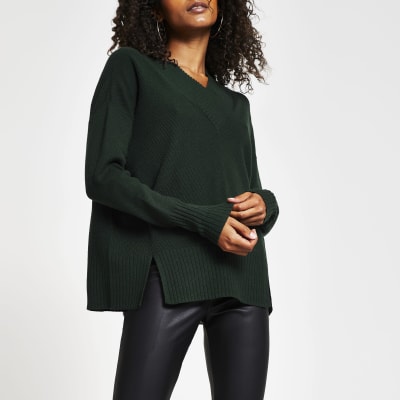 dark-green-v-neck-chunky-trim-jumper-river-island