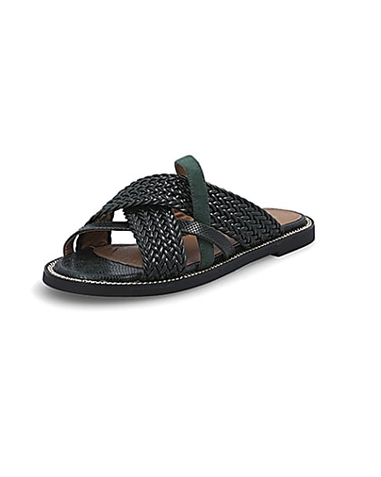 360 degree animation of product Dark green woven strap flat mules frame-0