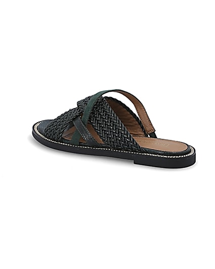 360 degree animation of product Dark green woven strap flat mules frame-5
