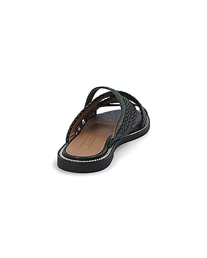 360 degree animation of product Dark green woven strap flat mules frame-10