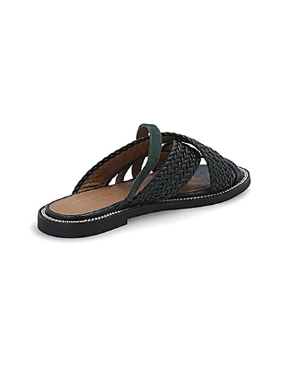 360 degree animation of product Dark green woven strap flat mules frame-12