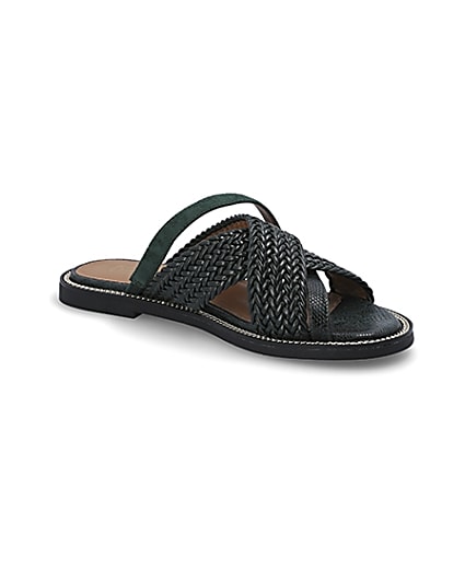 360 degree animation of product Dark green woven strap flat mules frame-17