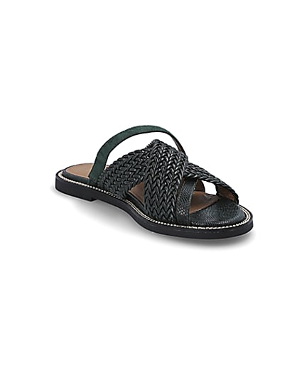 360 degree animation of product Dark green woven strap flat mules frame-18