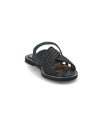 360 degree animation of product Dark green woven strap flat mules frame-19