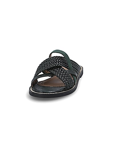 360 degree animation of product Dark green woven strap flat mules frame-22